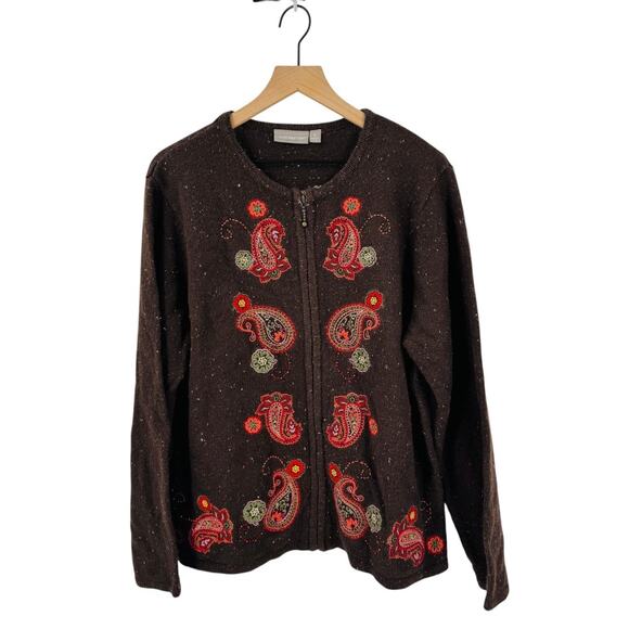 Vintage Croft & Barrow Embroidered Paisley Zip Cardigan Brown Sweater Size XL - Picture 1 of 10